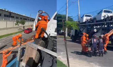 Homem é resgatado após passar mal em carro levado por caminhão-cegonha
